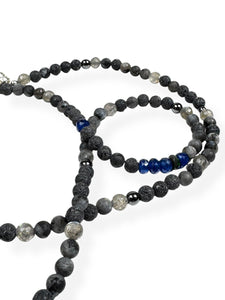 GREY LAVA STONES, LARVIKITE, HEMATITE & SAPPHIRE